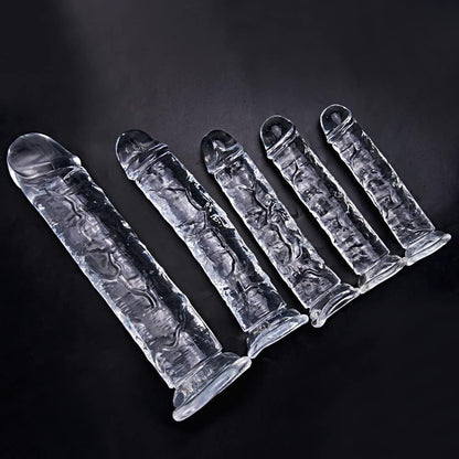 Vue de profil gode réaliste transparent à ventouse 18 cm TPE médical
