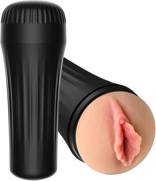 Masturbateur squeezable nervuré vu de face sur fond neutre
