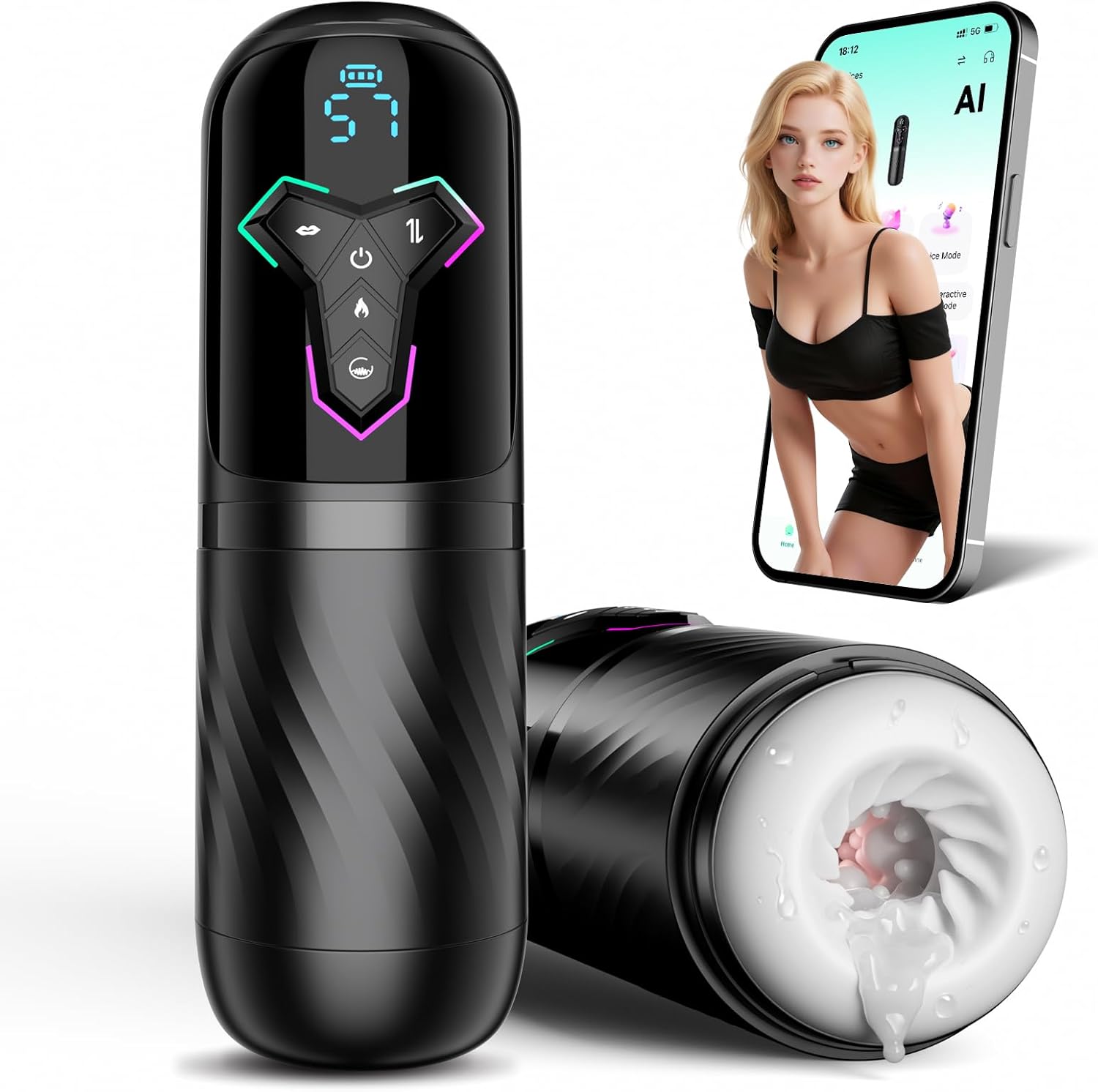 Vue avant du masturbateur automatique avec vibration et écran LCD pour contrôle des modes