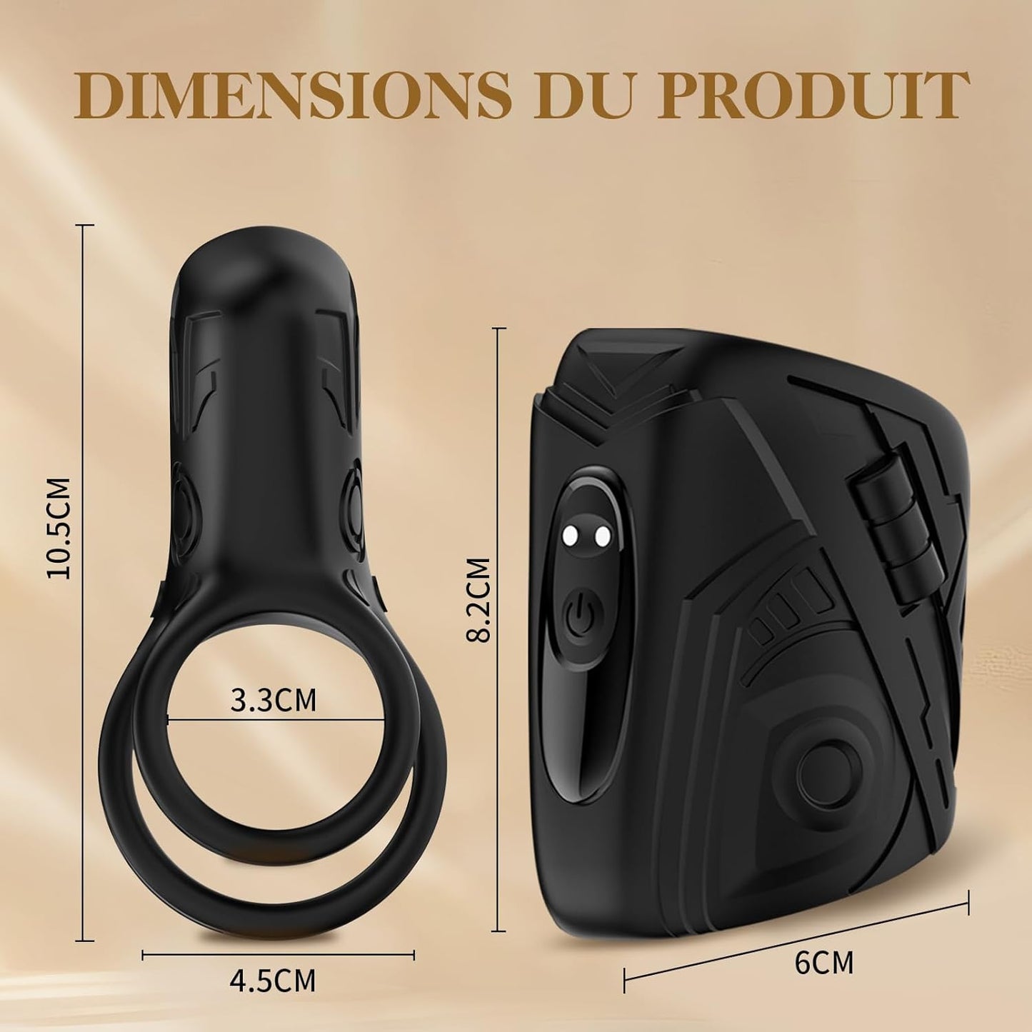 Dimensions du cockring vibrant et du masturbateur silicone avec mesures détaillées
