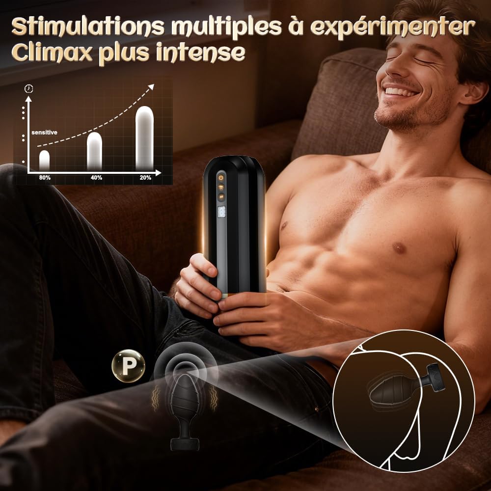 Écran LCD du masturbateur homme affichant les modes de vibration et succion