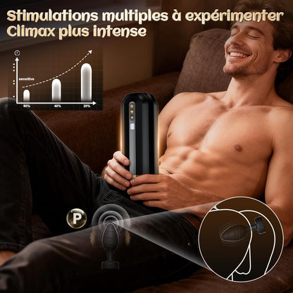 Écran LCD du masturbateur homme affichant les modes de vibration et succion