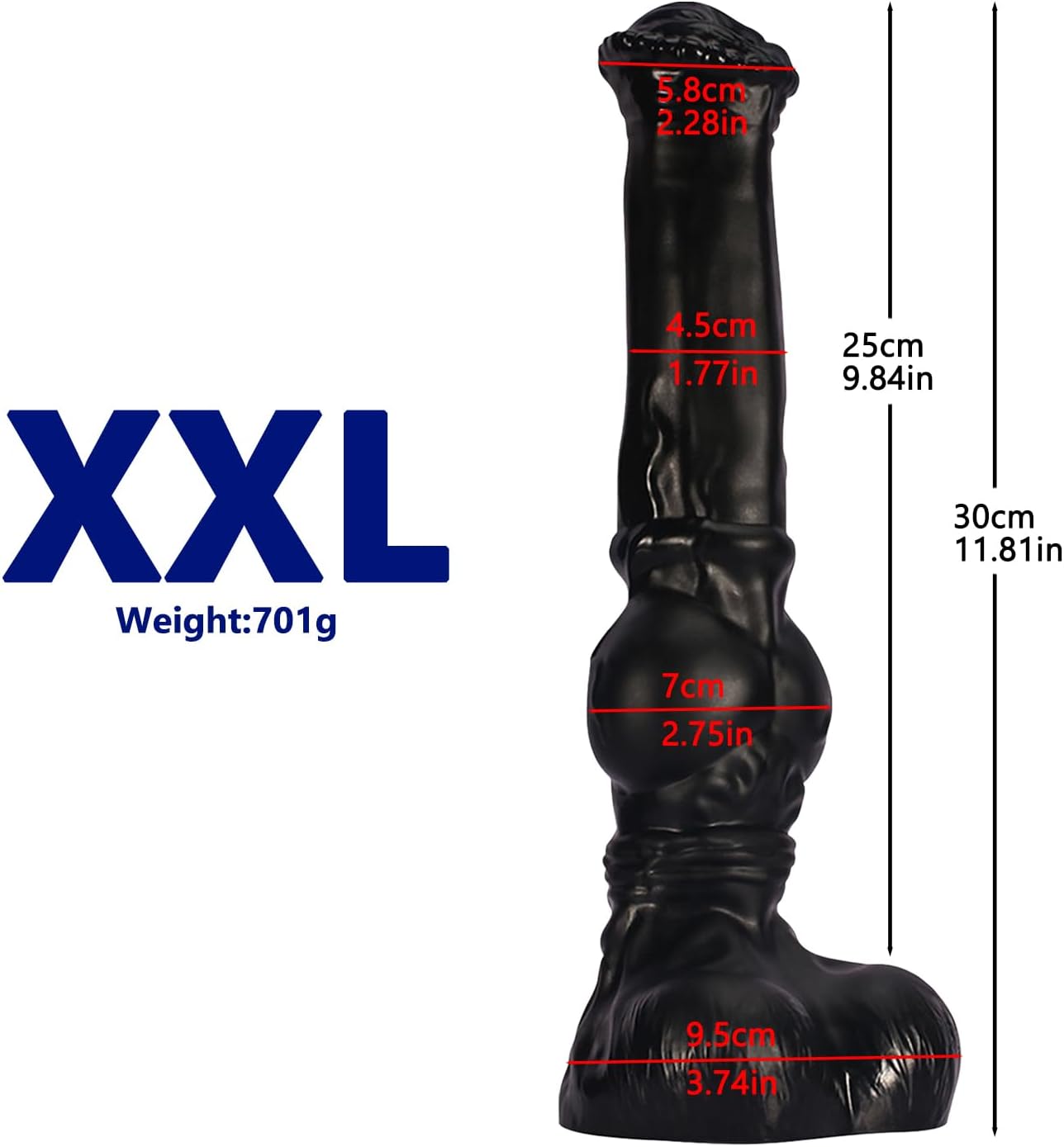 Dimensions des 3 tailles du gode anal géant nervuré en TPE – longueur jusqu'à 38 cm et diamètre maximal 8,8 cm