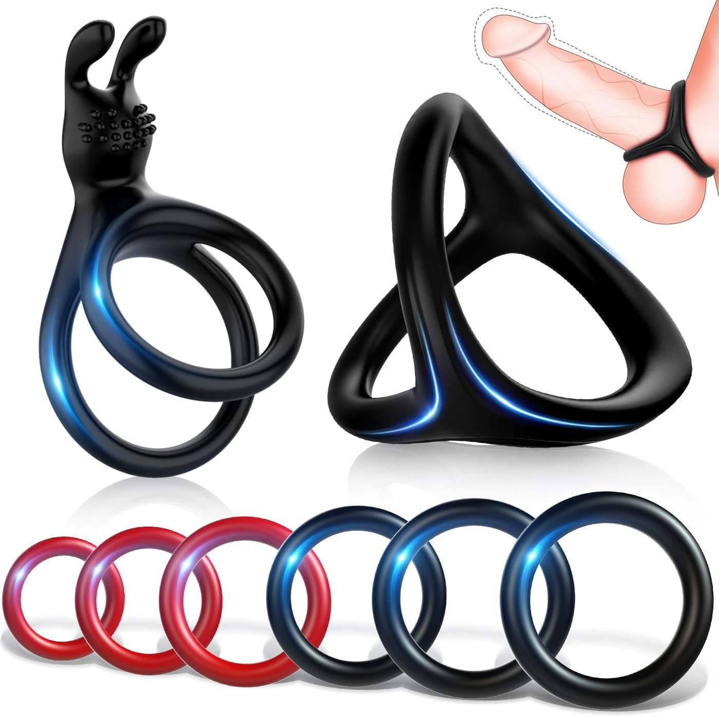 Set de 5 anneaux péniens noirs présentés de face sur fond neutre