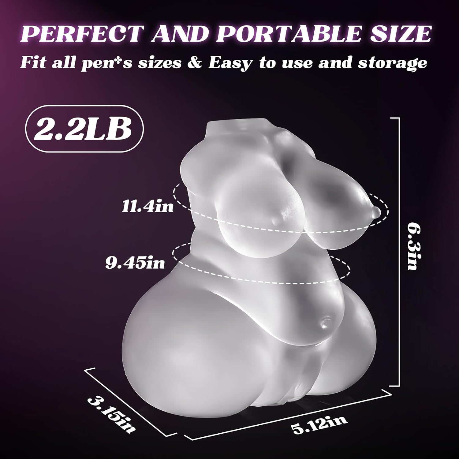 Photo des dimensions du masturbateur buste transparent BBW en TPE avec mesures du produit affichées