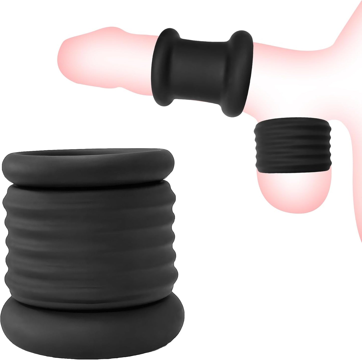 Anneau pénien et scrotal en silicone noir vu de face sur fond neutre