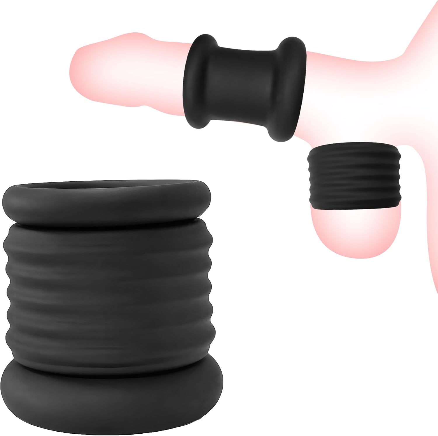 Anneau pénien et scrotal en silicone noir vu de face sur fond neutre