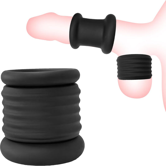 Anneau pénien et scrotal en silicone noir vu de face sur fond neutre