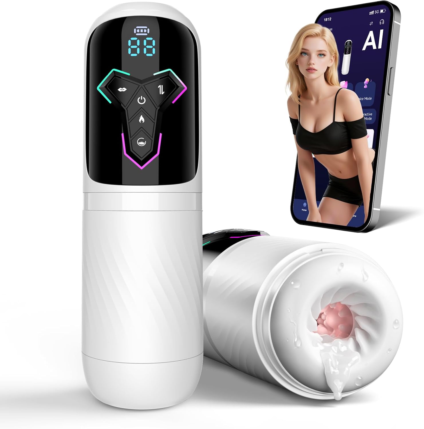 Vue avant du masturbateur automatique avec vibration et écran LCD pour contrôle des modes