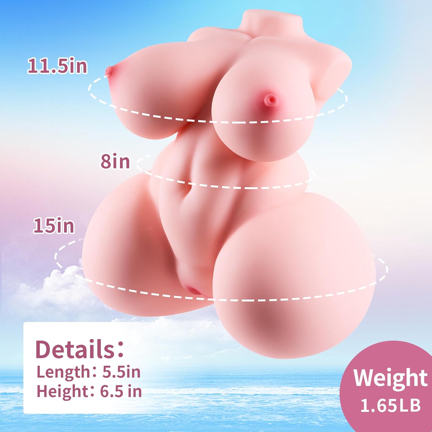 Dimensions de la mini poupée sexuelle 750 g mesurées avec règle graduée
