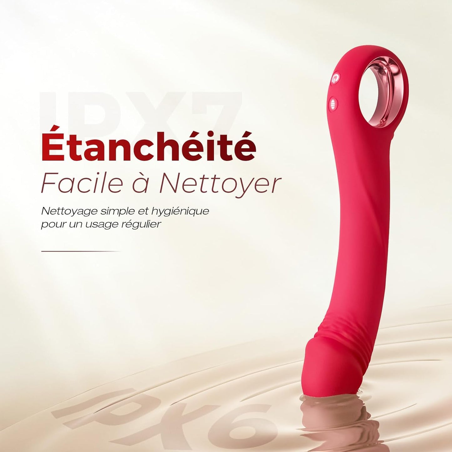 Gode vibrant étanche rouge sous l'eau utilisable sous la douche ou en bain