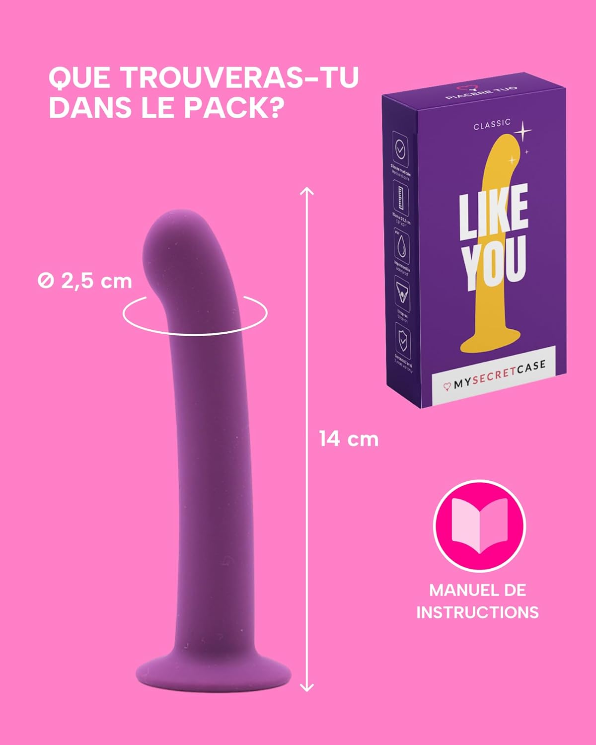 Gode flexible pourpre présenté avec ses dimensions à l'échelle