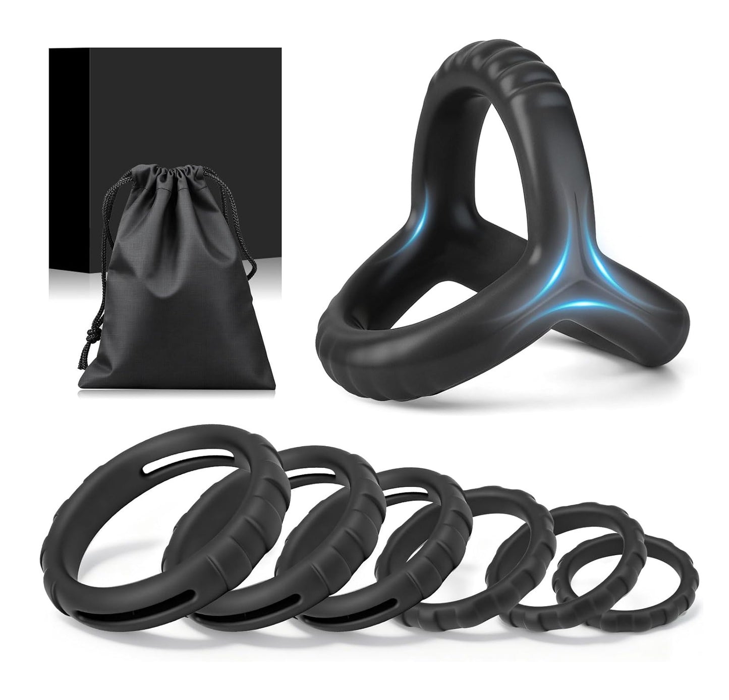 Set de 7 cockrings en silicone noir de tailles différentes alignés