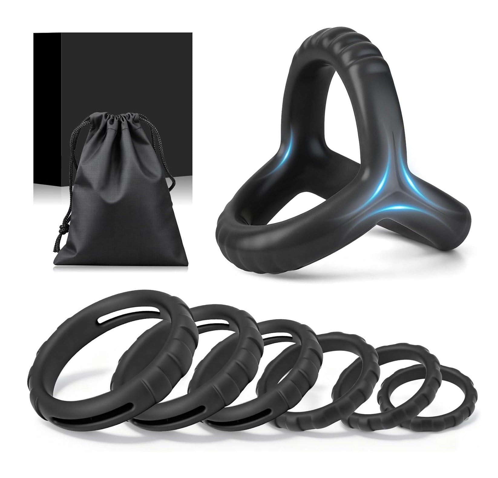 Set de 7 cockrings en silicone noir de tailles différentes alignés