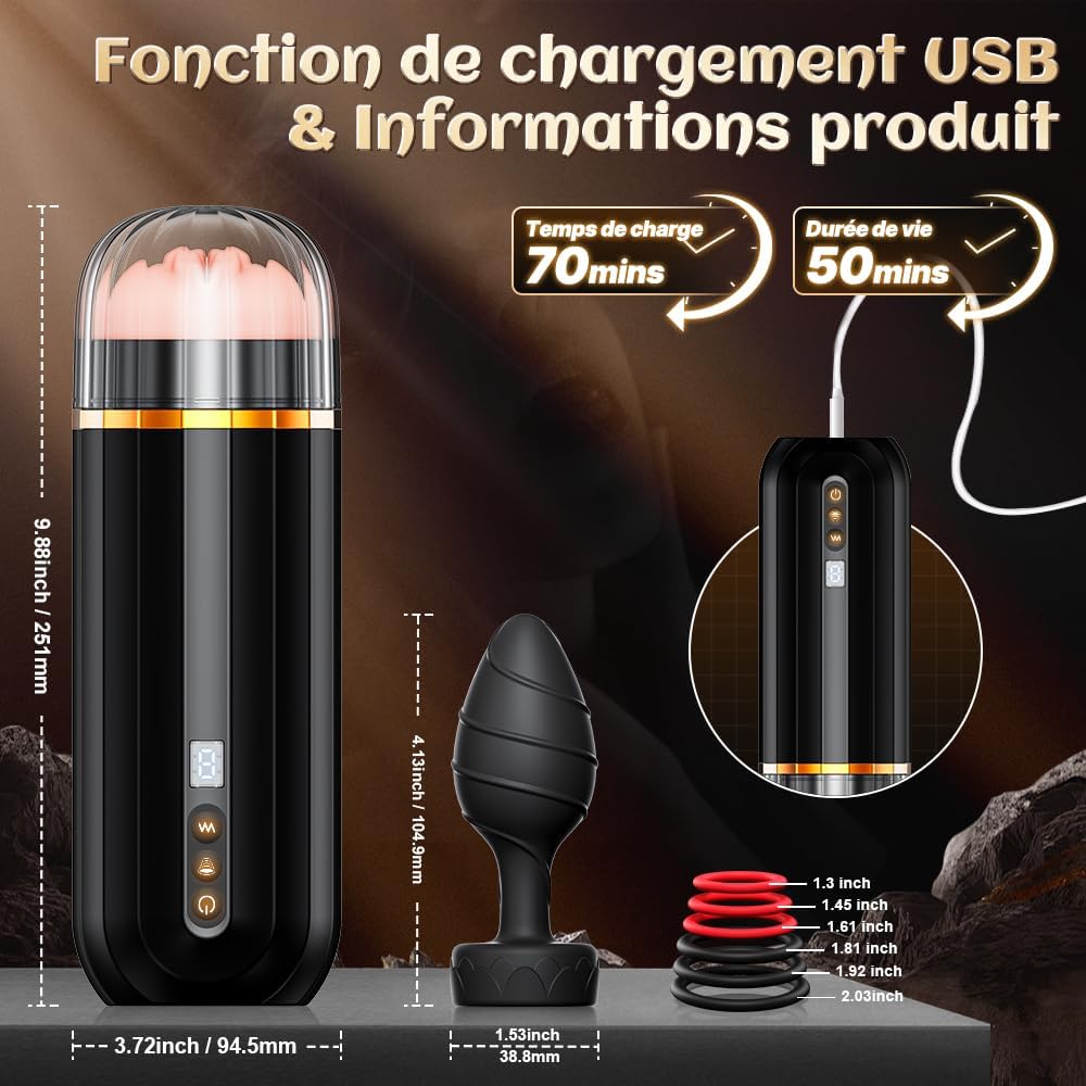 Dimensions du masturbateur et du plug anal du coffret sextoys homme avec échelle