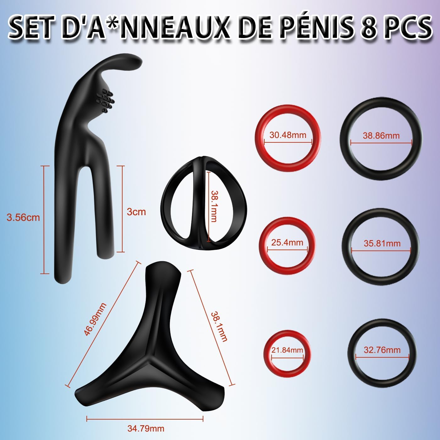 Schéma des dimensions des 5 anneaux péniens en silicone avec mesures