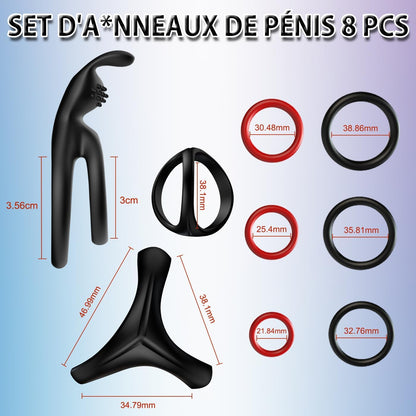 Schéma des dimensions des 5 anneaux péniens en silicone avec mesures