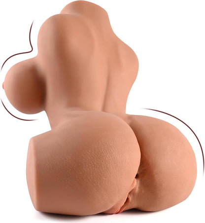 Vue arrière du buste masturbateur bronzé focalisée sur le fessier pulpeux et les courbes sensuelles du torse réaliste