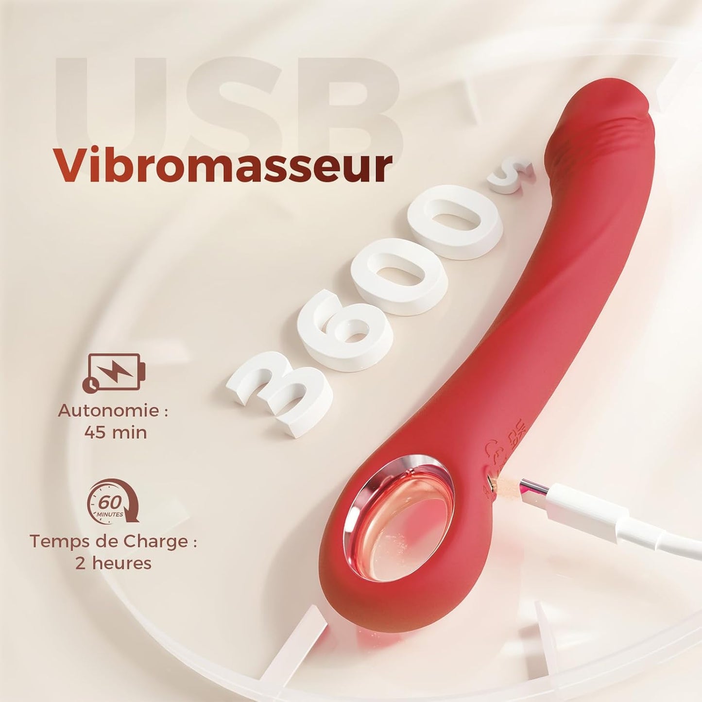 Port de recharge USB du vibromasseur va-et-vient rouge charge complète en 30 minutes