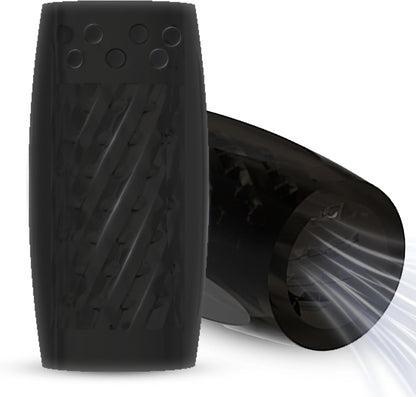 Vue avant du masturbateur homme noir texturé pour stimulation intense et prise en main facile