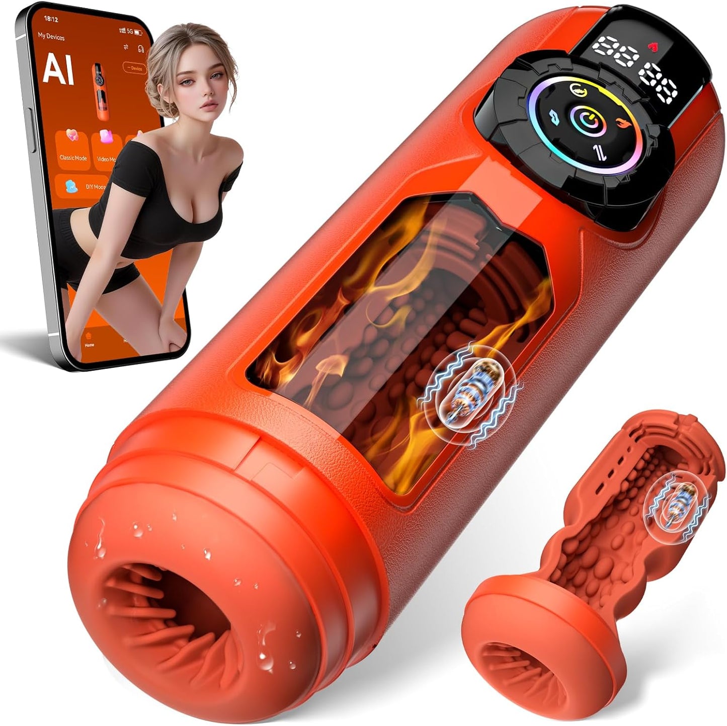 Masturbateur automatique chauffant orange vue de face sur fond blanc