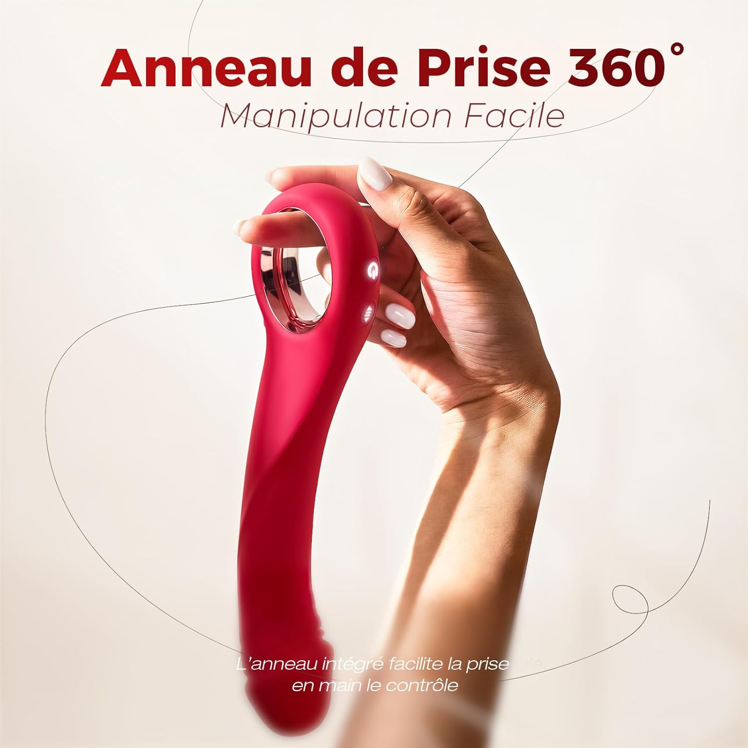 Anneau de préhension antidérapant 360° du gode courbé vibrant rouge pour contrôle précis