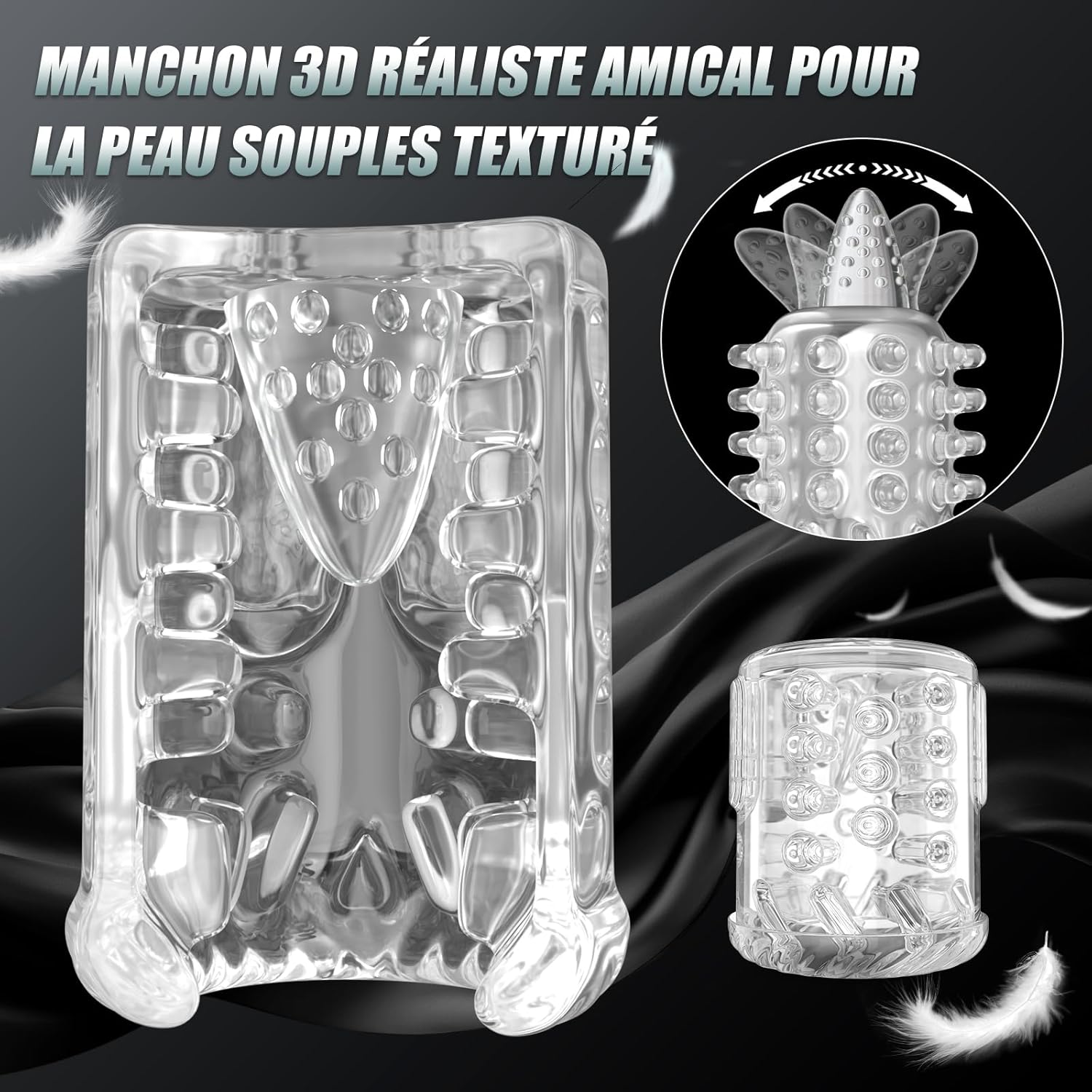 Vue détaillée de la gaine texturée 3D en TPE du masturbateur masculin automatique, conçue pour une sensation réaliste et douce