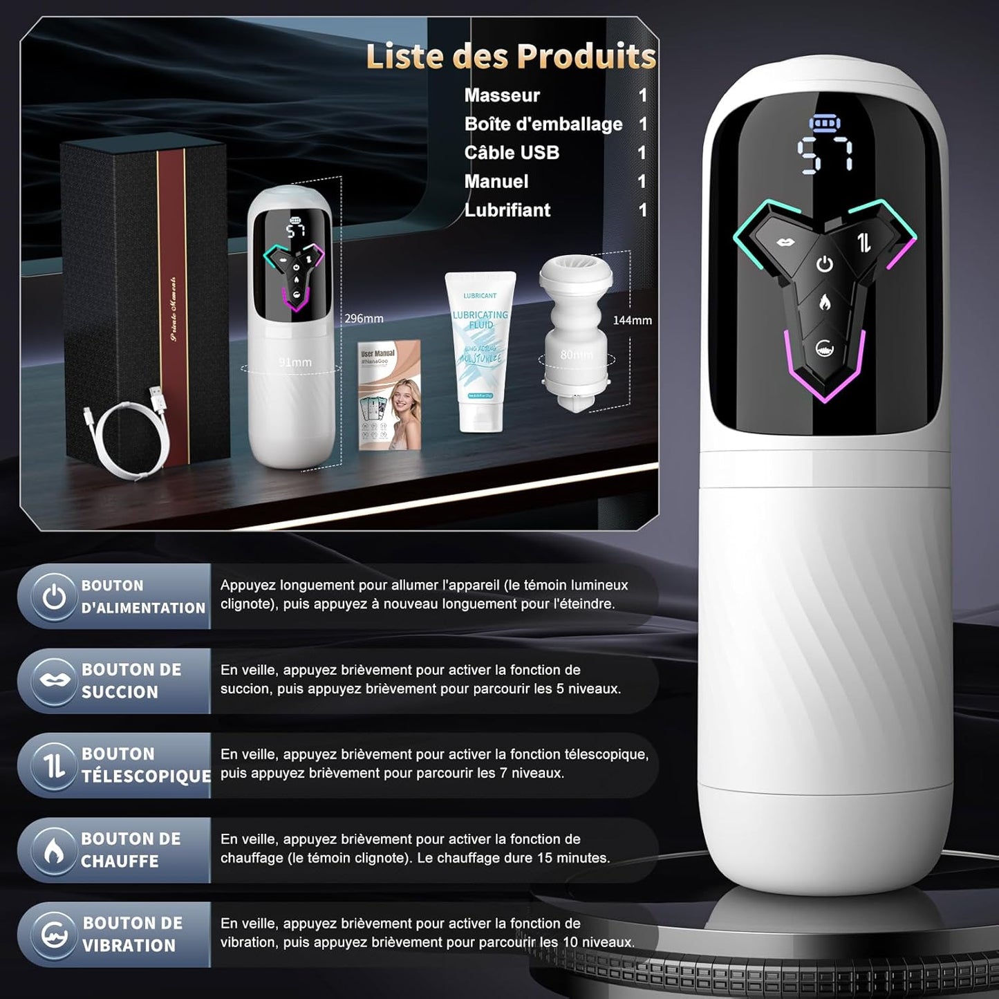 Masturbateur automatique avec succion réglable et modes de stimulation personnalisables