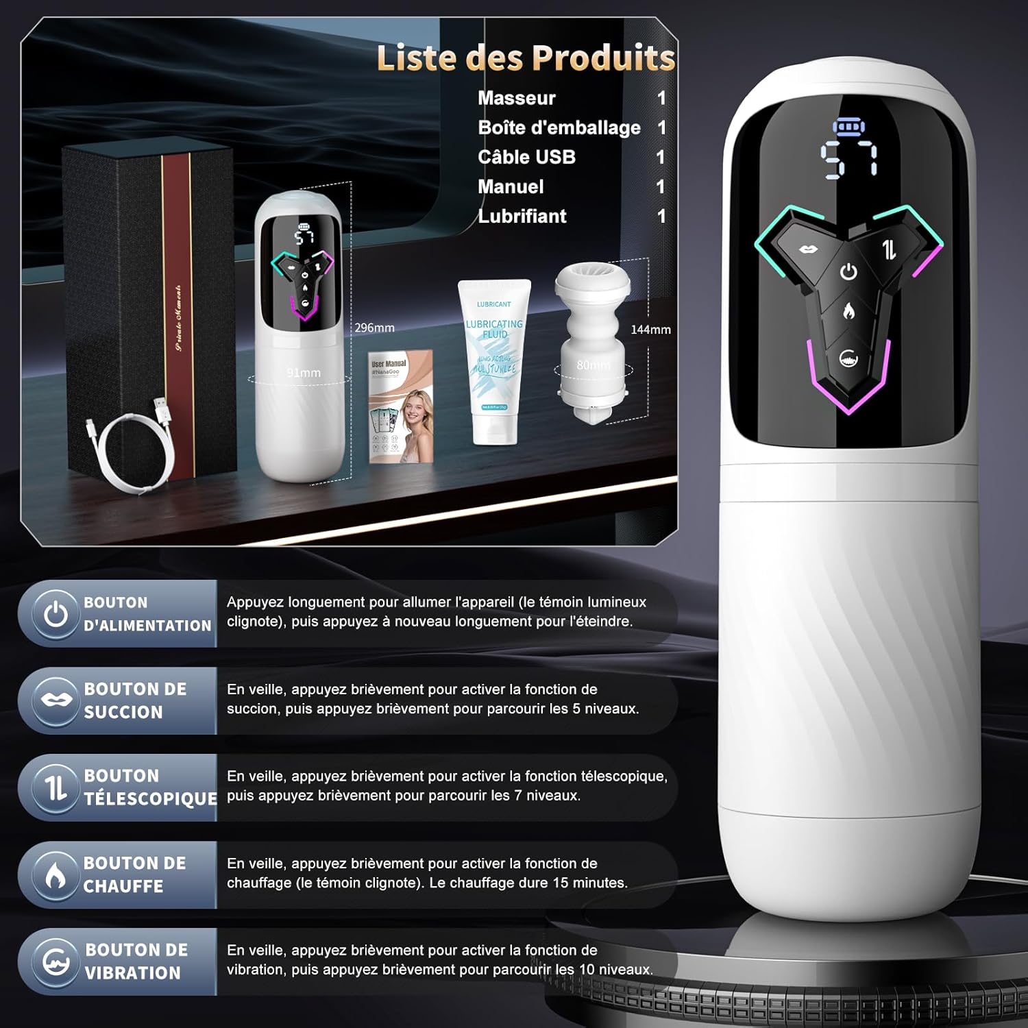 Masturbateur automatique avec succion réglable et modes de stimulation personnalisables