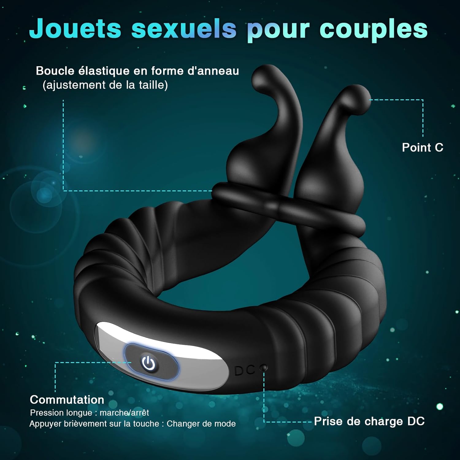 Cockring vibrant noir double moteur avec tentacules de stimulation clitoridienne