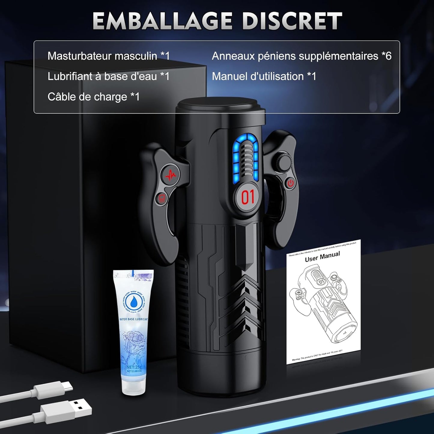 Vue des accessoires du masturbateur automatique homme avec manchon amovible câble USB-C et tige chauffante