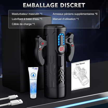 Vue des accessoires du masturbateur automatique homme avec manchon amovible câble USB-C et tige chauffante