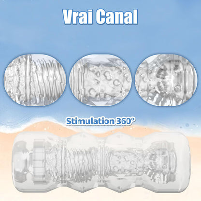 Pocket pussy transparente en TPE avec tunnel texturé 3D pour stimulation intense
