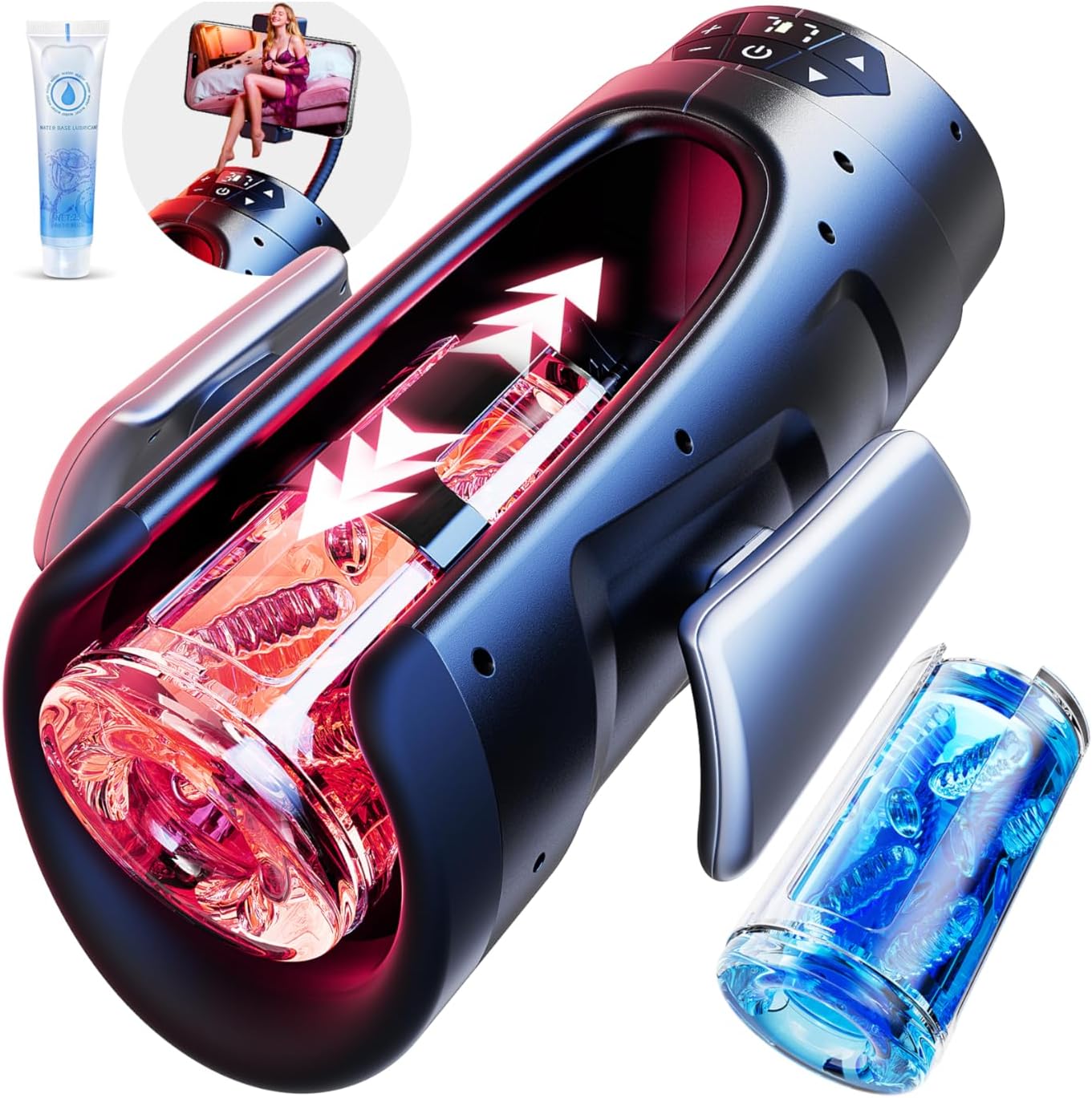Masturbateur automatique homme futuriste avec support téléphone 360° vue de face sur fond blanc