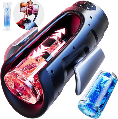 Masturbateur automatique homme futuriste avec support téléphone 360° vue de face sur fond blanc