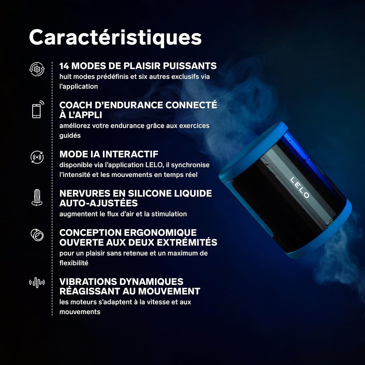 Interface des 14 modes de vibrations du masturbateur connecté F2S sur smartphone