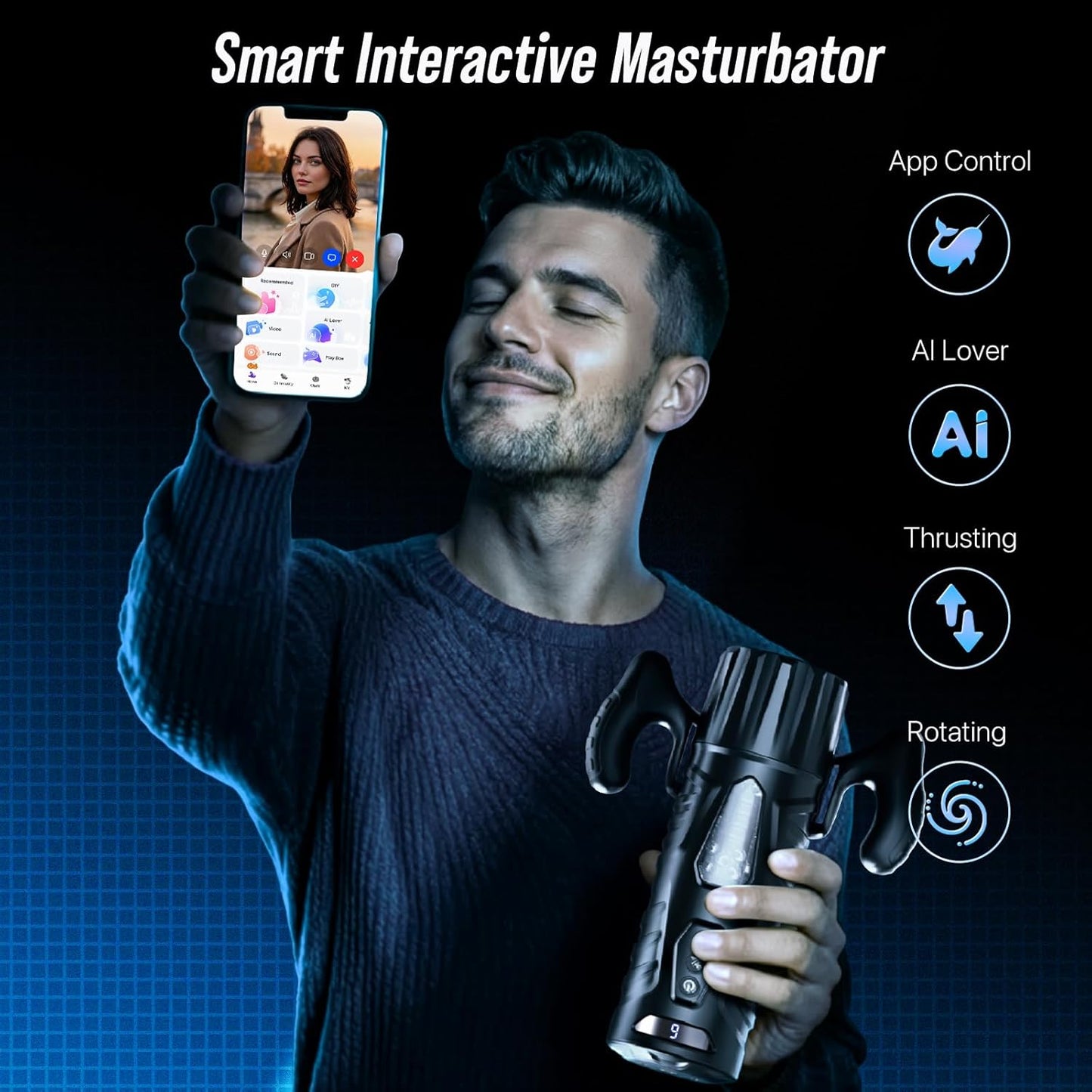 Masturbateur pour homme rotatif avec accessoires, support smartphone, poignée et base ajustable
