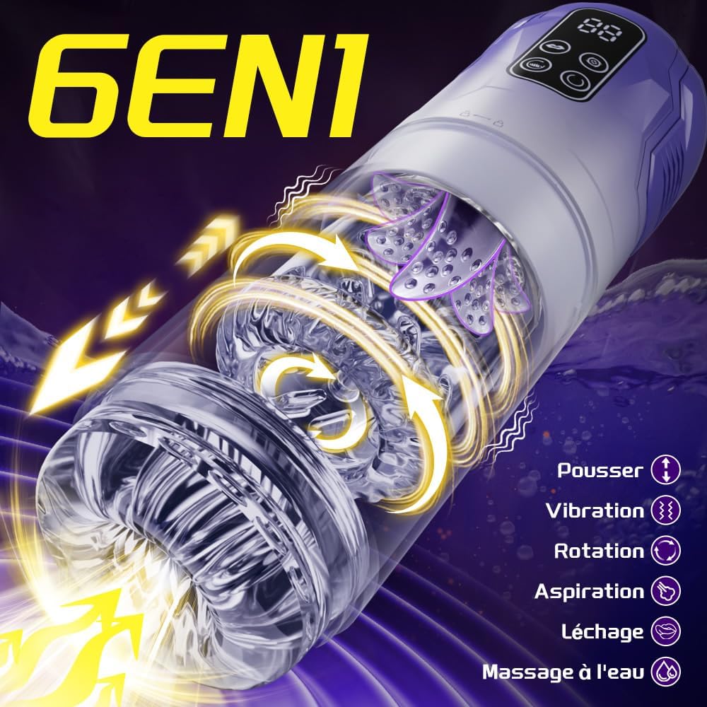Masturbateur homme 6 en 1 avec rotation, vibration, succion et massage