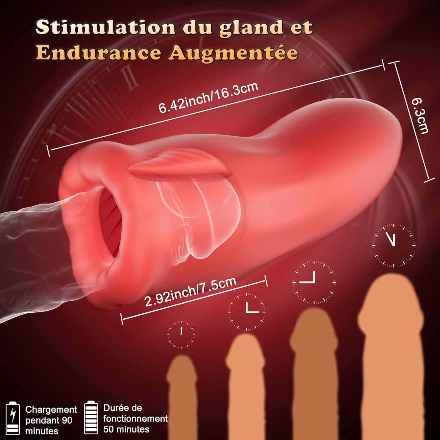 Dimensions précises du simulateur de fellation en silicone tenu dans la main pour l'échelle