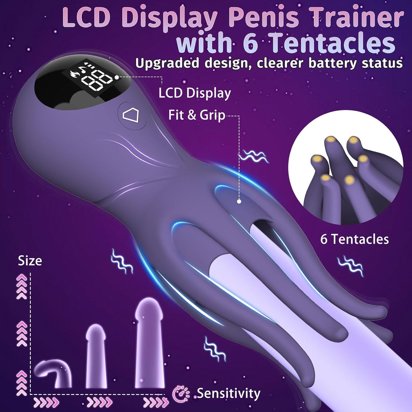Vibromasseur de pénis avec écran LCD affichant le mode et la durée