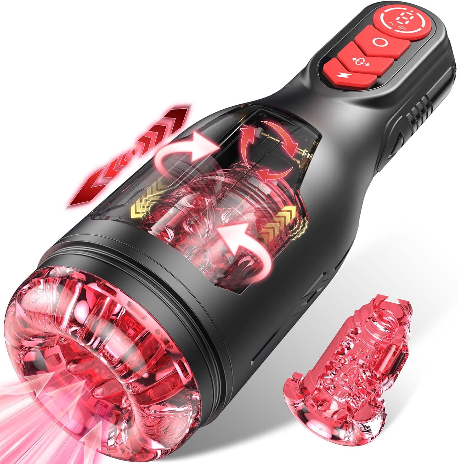 Masturbateur effet fellation tourbillonnant rechargeable de face sur fond neutre