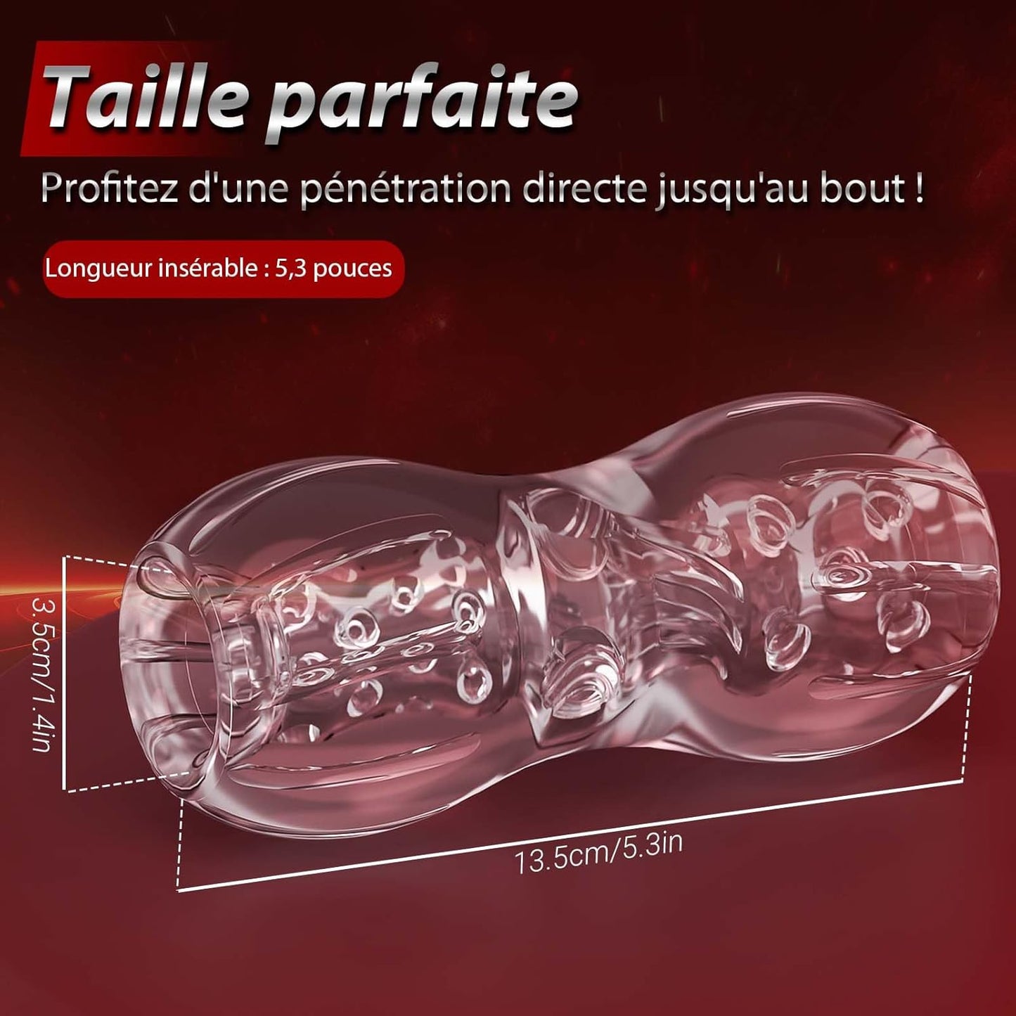 Dimensions du masturbateur masculin réaliste en TPE avec mesures de la longueur, largeur et diamètre