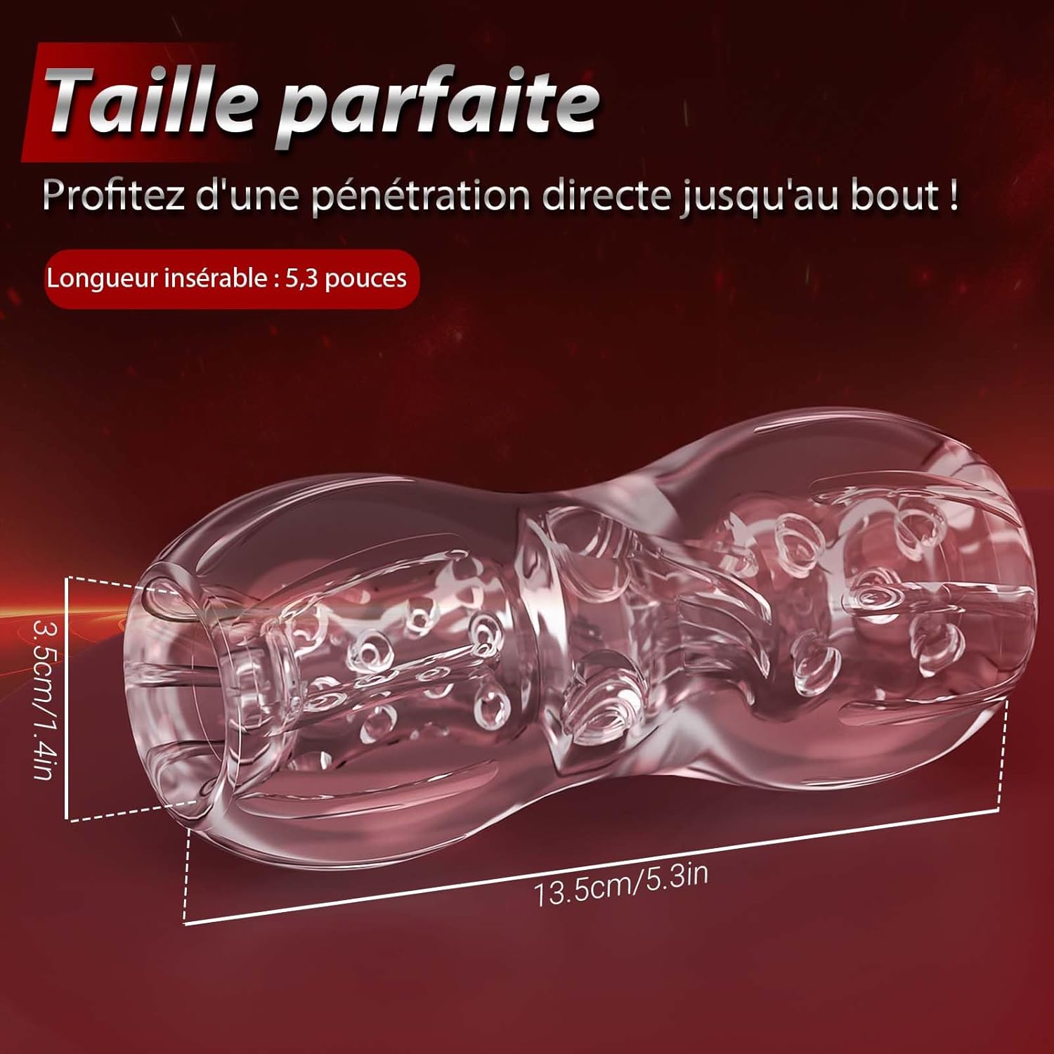 Dimensions du masturbateur masculin réaliste en TPE avec mesures de la longueur, largeur et diamètre