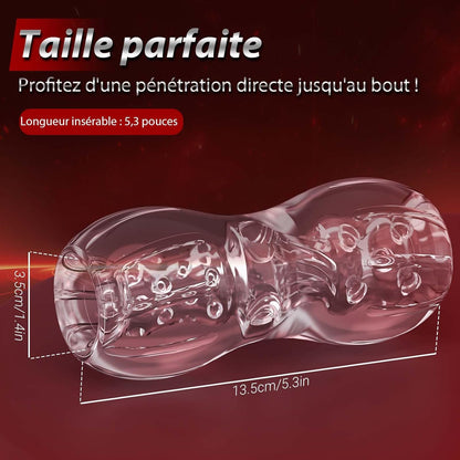 Dimensions du masturbateur masculin réaliste en TPE avec mesures de la longueur, largeur et diamètre
