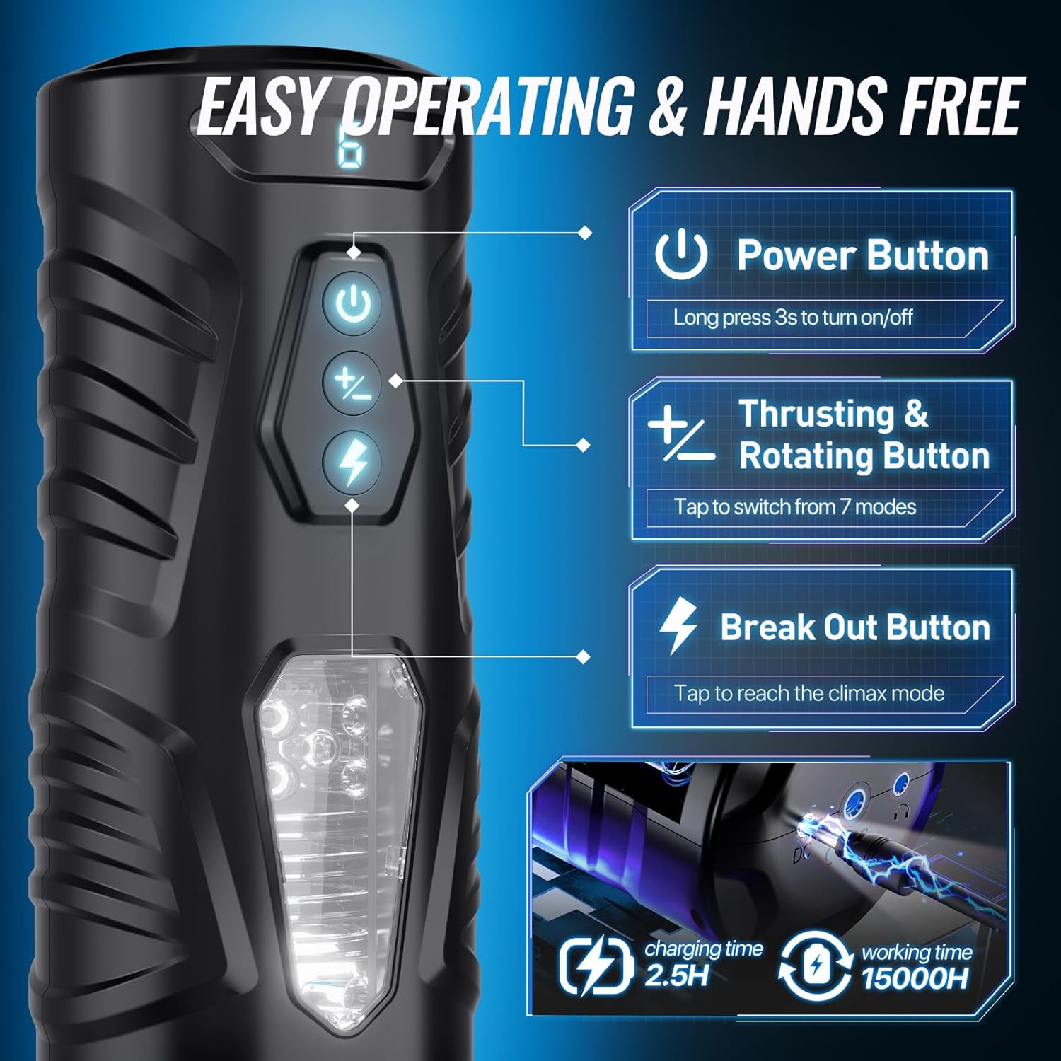 Masturbateur automatique va-et-vient rotation rechargeable par USB avec affichage batterie LCD