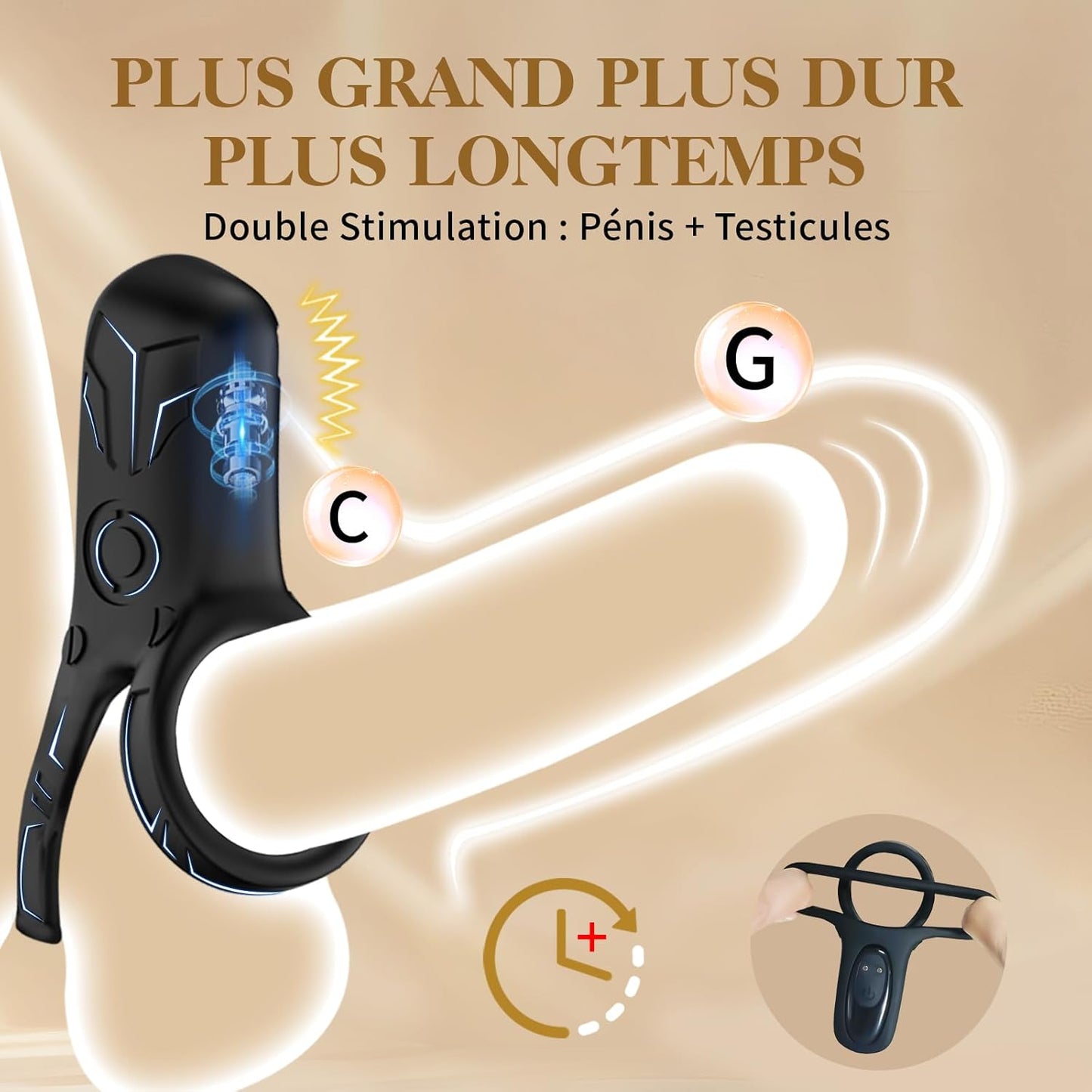 Anneau pénien vibrant à double boucle extensible pour érection prolongée