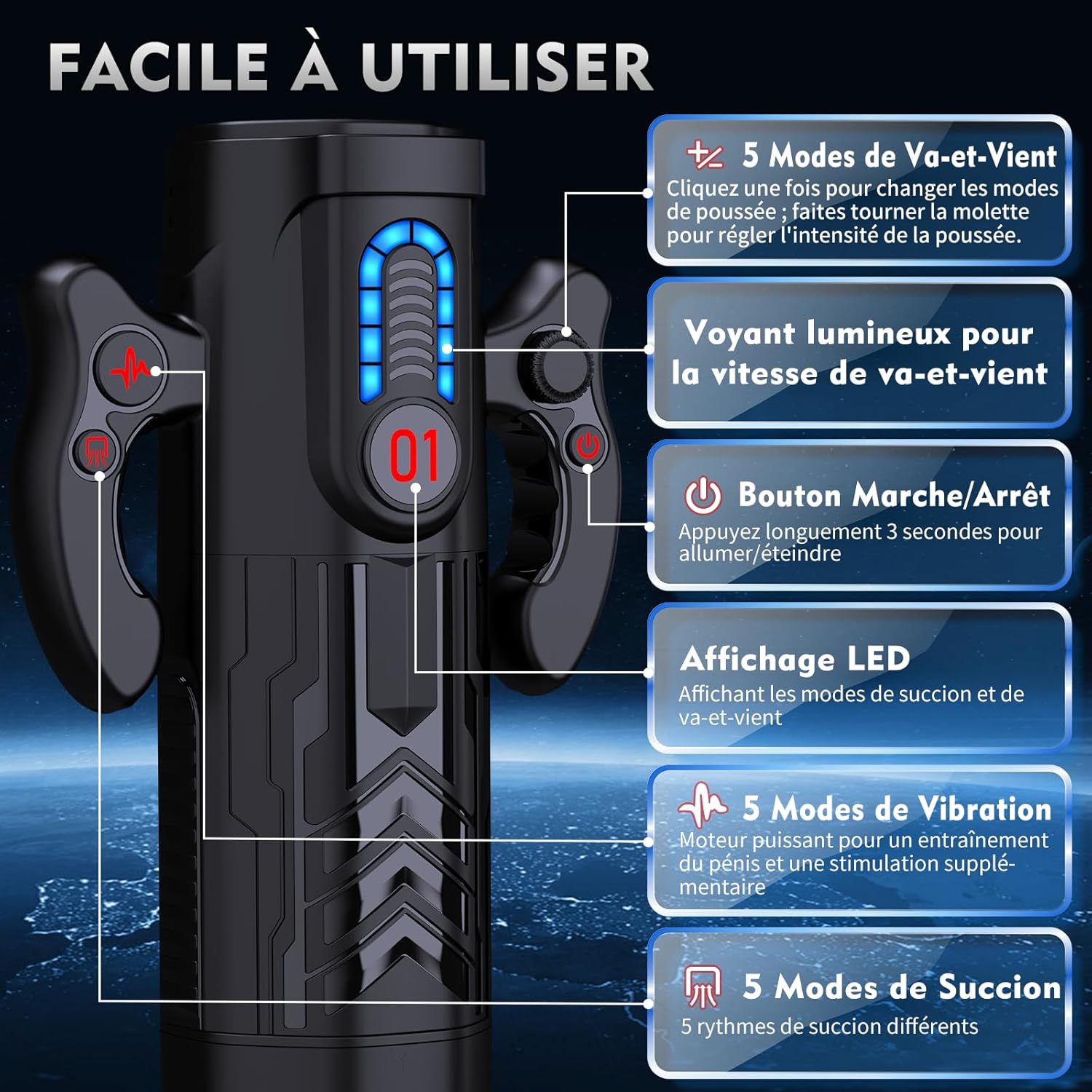 Masturbateur homme automatique avec fonction succion vibration et mouvement va-et-vient réglable