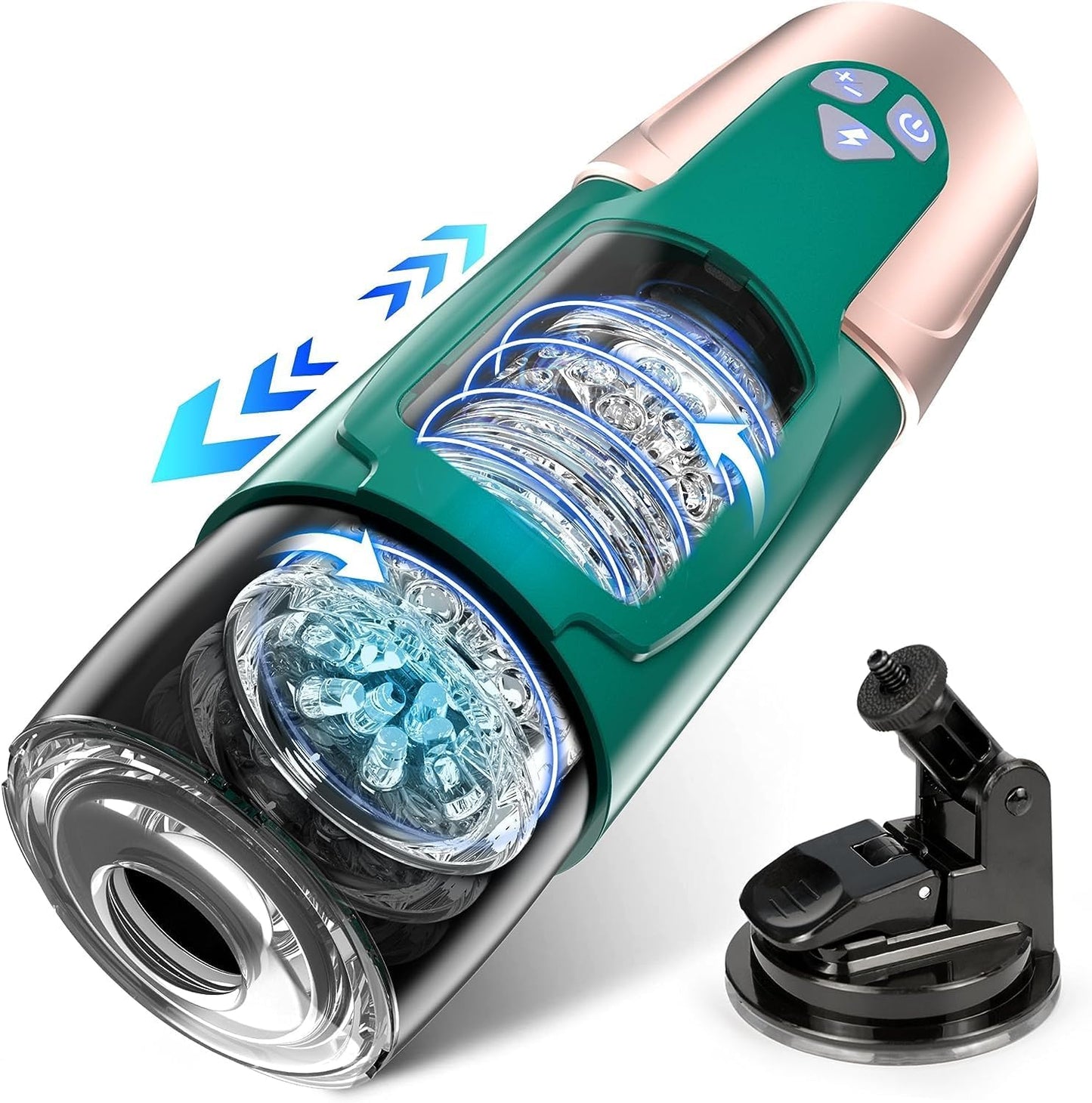 Masturbateur homme automatique avec fonction va-et-vient et rotation intense, vue de face du sextoy masculin