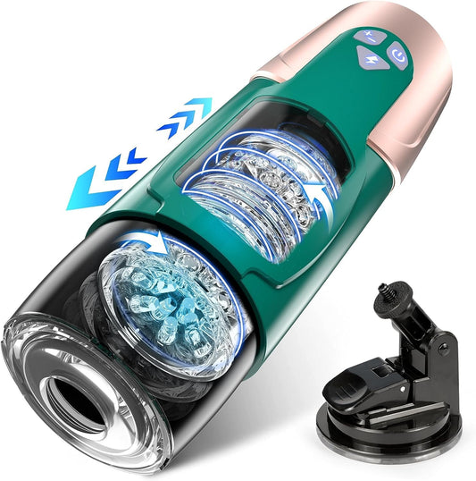 Masturbateur homme automatique avec fonction va-et-vient et rotation intense, vue de face du sextoy masculin