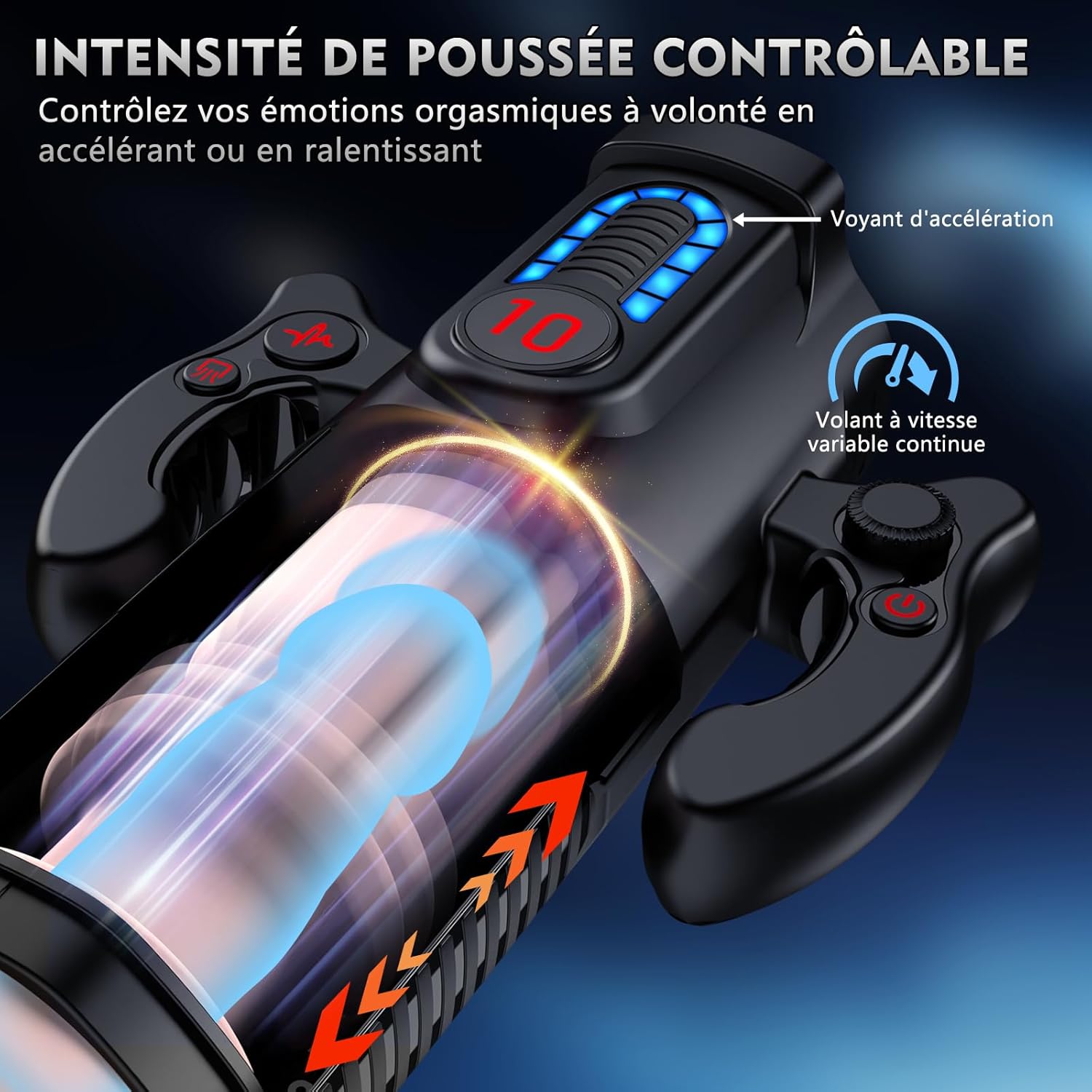 Vue détaillée des boutons de commande du masturbateur homme avec modes succion poussée et vibration